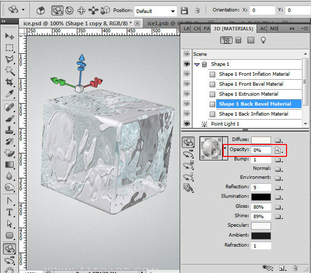 Ice cube 3D photoshop tools tutorial. 3D scene ice cube and cherry inside, ice txture effect in photoshop, ice reflection, 3D rendering, 3D light effects, realistic ice effectt, winterphotoshop  ideas